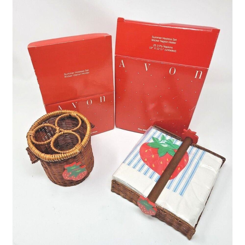 Vintage Avon Summer Hostess Set Wicker Napkin Holder & Utensil Holder‎ NIB U97